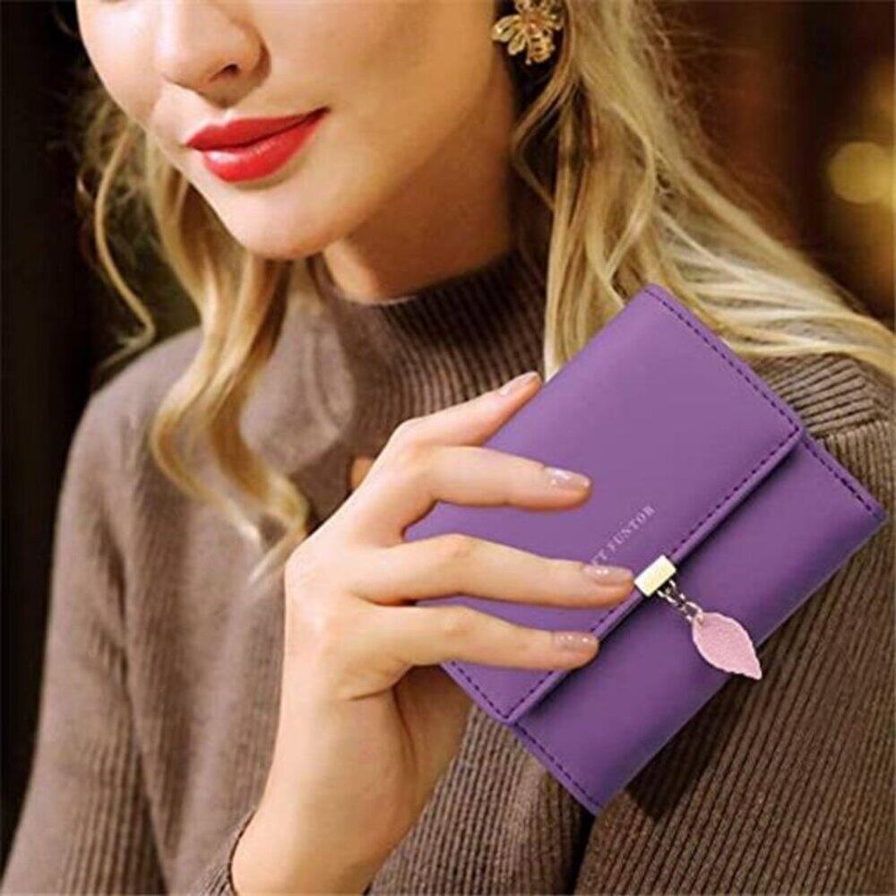 RFID Purple Wallet Leaf Card Holder Trifold Ladies Wallet with Zipper Pocket